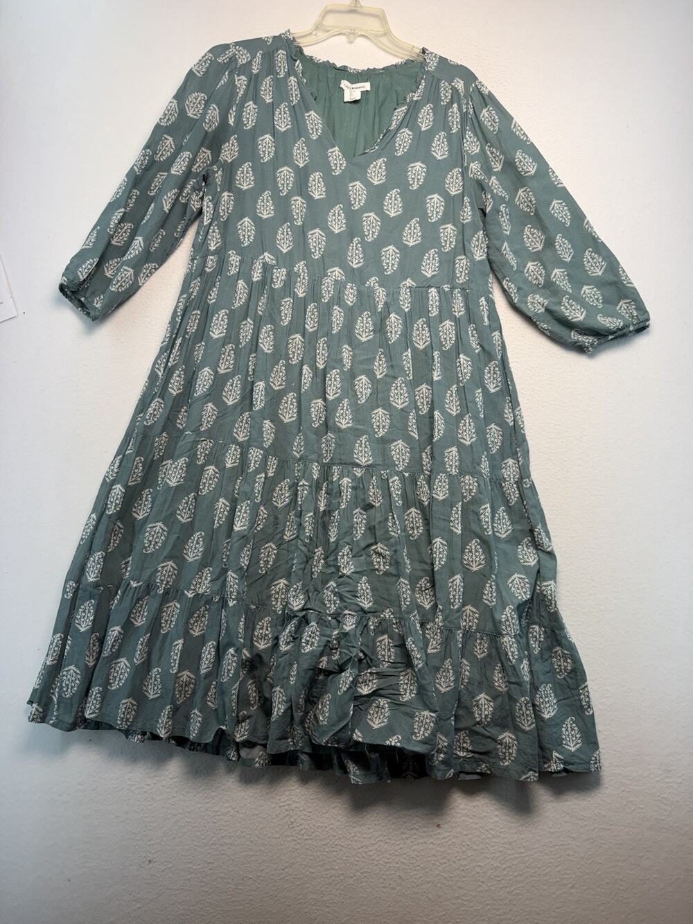 Lucky Brand Dress Size L Peasant Style Mint Green Feathered Print Midi